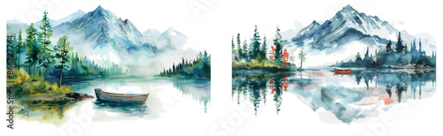 Watercolor masterpiece of the Swiss Alps with beautiful lake in front, Stock Image.