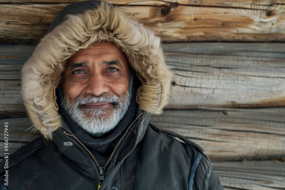 Portrait of a content indian man in his 50s wearing a warm parka on rustic wooden wall Portrait of a content indian man in his 50s wearing a warm parka on rustic wooden wall