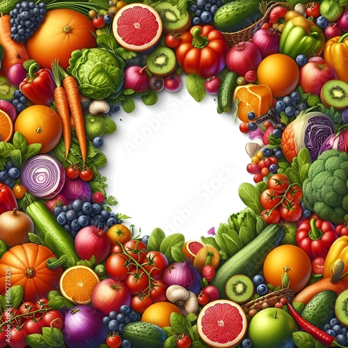 A colorful wreath made of fresh fruits and vegetables on a white background. © Asif