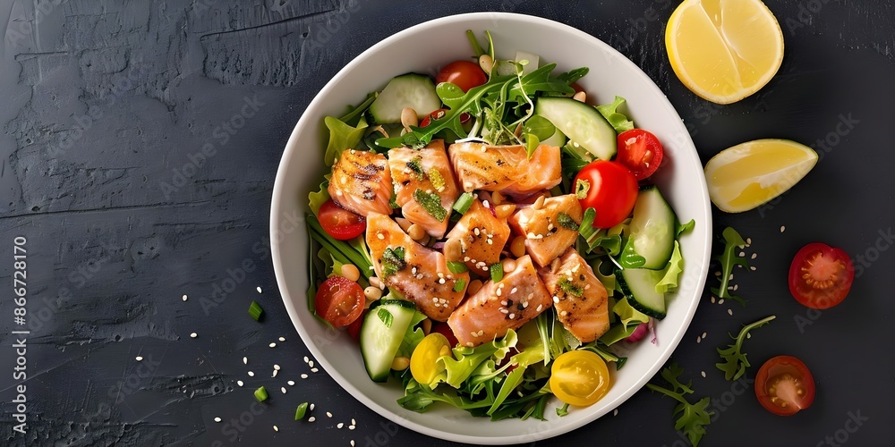 Keto Lunch Bowl with Salmon Salad and Veggies Captured from Above. Concept Food Photography, Keto Diet, Lunch Ideas, Salmon Recipes, Overhead Shots Keto Lunch Bowl with Salmon Salad and Veggies Captured from Above. Concept Food Photography, Keto Diet, Lunch Ideas, Salmon Recipes, Overhead Shots