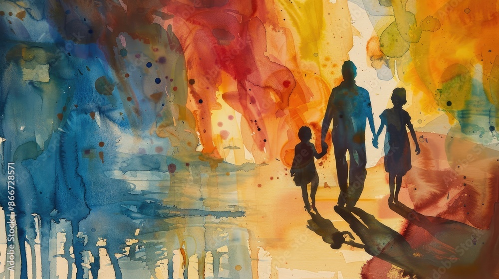 Fototapeta premium Artistic unity: Abstract watercolor scene with the silhouettes of parents and children walking away, evoking a sense of family and connection