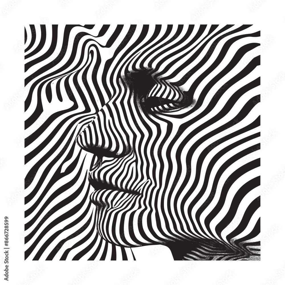 Obraz premium Halftone Art. Vector black and white illustration from 3d rendering of female face in circle halftone style isolated on black background.