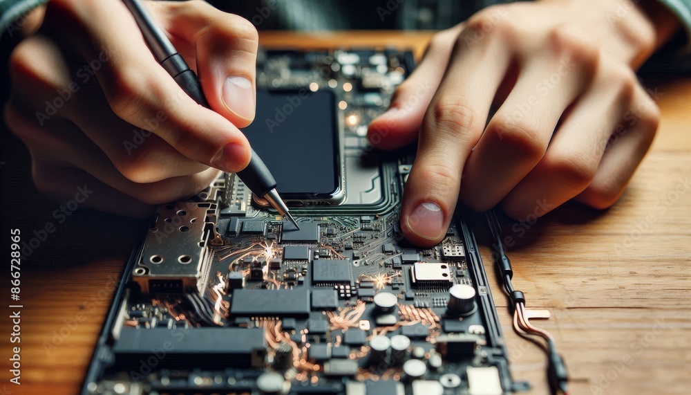 Repairing a Smartphone Motherboard - A technician carefully works on a smartphone motherboard, using a soldering iron to make repairs. Repairing a Smartphone Motherboard - A technician carefully works on a smartphone motherboard, using a soldering iron to make repairs.