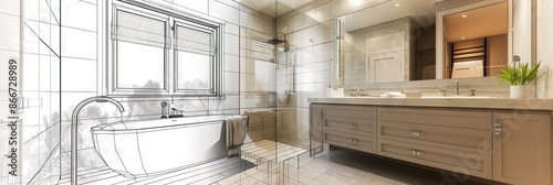 bathroom design concept with half real photo and half interior designer schematics