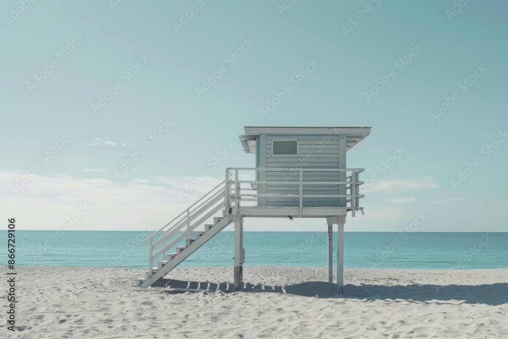 A lifeguard tower stands tall on a sandy beach, with the blue ocean stretching out behind it A lifeguard tower stands tall on a sandy beach, with the blue ocean stretching out behind it