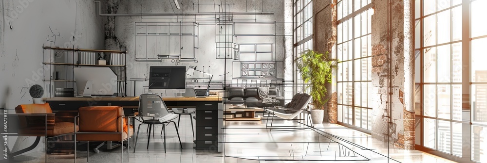 home office design concept with half real photo and half interior designer schematics