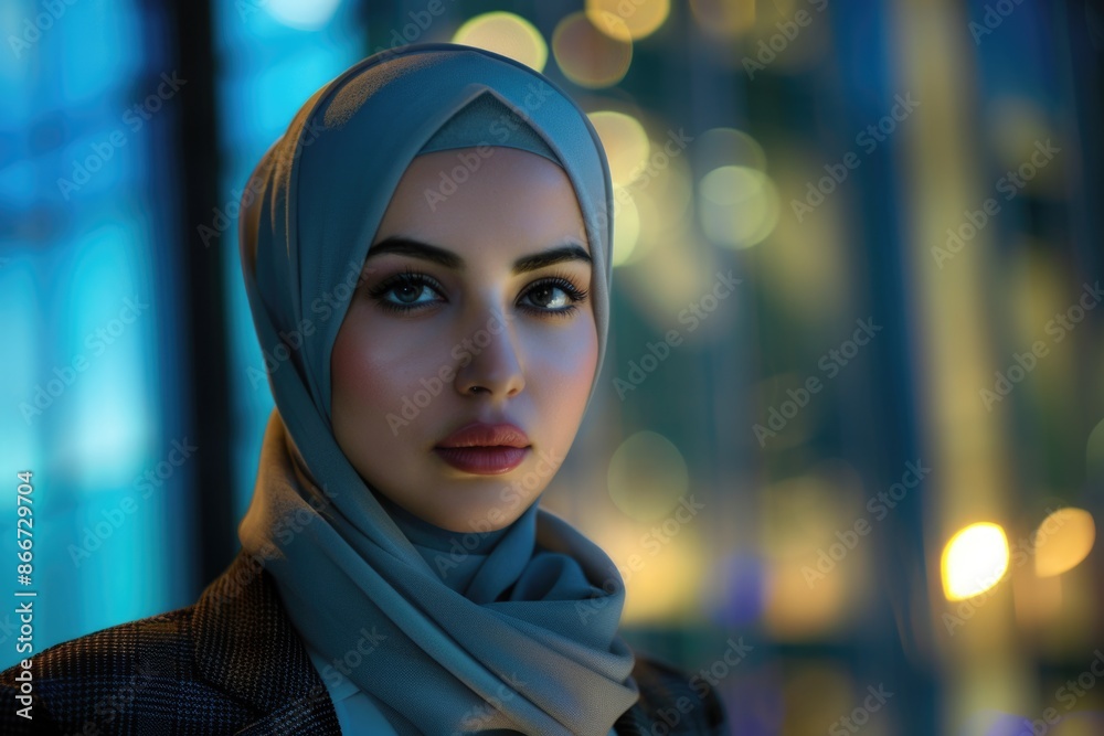 A woman wears a hijab standing in front of a window A woman wears a hijab standing in front of a window