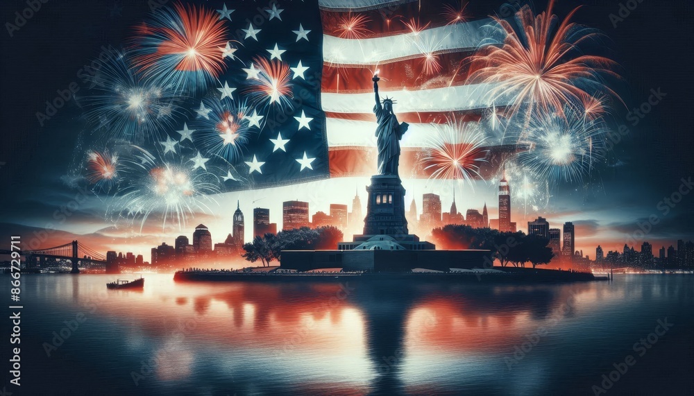 Fireworks Over New York City Skyline with Statue of Liberty - A ...
