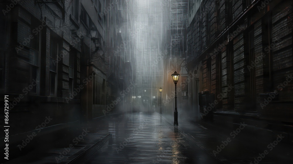 Fototapeta premium A rainy city street with a street lamp in the middle. The street is empty and the rain is falling