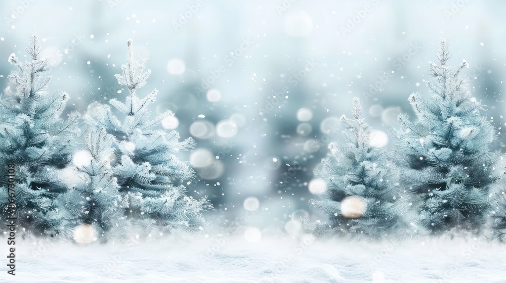 A snowy forest with two pine trees in the foreground and background. The trees are covered in snow and the snow is falling from the sky. The scene is peaceful and serene A snowy forest with two pine trees in the foreground and background. The trees are covered in snow and the snow is falling from the sky. The scene is peaceful and serene