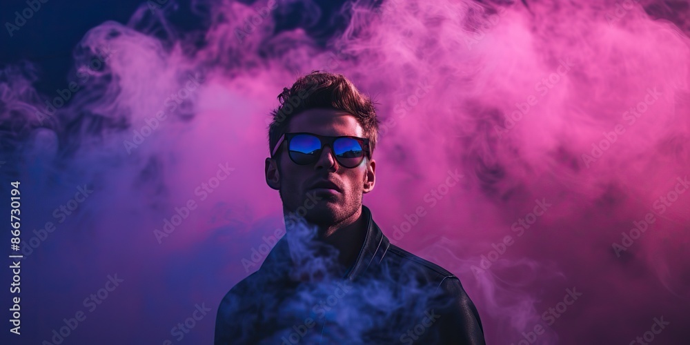 Man in sunglasses with smoke vipe on pink neon background decoration scene Man in sunglasses with smoke vipe on pink neon background decoration scene