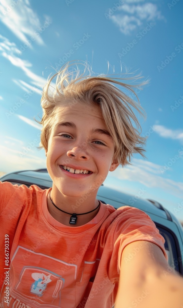 A happy boy with wind-swept hair taking a selfie outdoors A happy boy with wind-swept hair taking a selfie outdoors