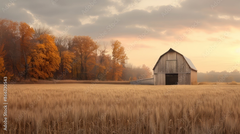 A rustic barn sits in a field of tall grass. The barn is surrounded by trees and the sky is cloudy. The scene is peaceful and serene, with the barn and the trees providing a sense of calm A rustic barn sits in a field of tall grass. The barn is surrounded by trees and the sky is cloudy. The scene is peaceful and serene, with the barn and the trees providing a sense of calm