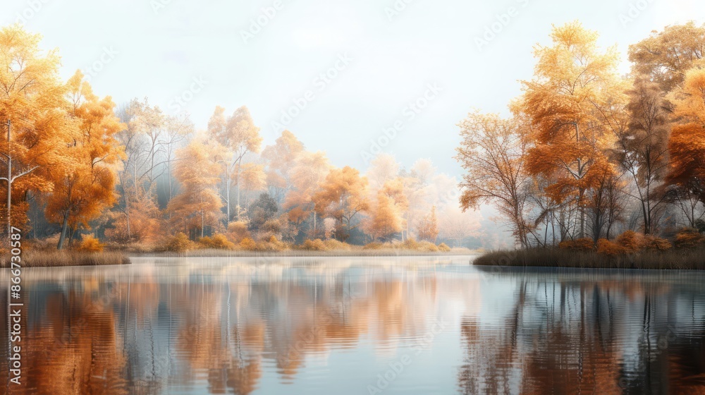A serene lake with trees in the background. The water is calm and the trees are orange A serene lake with trees in the background. The water is calm and the trees are orange