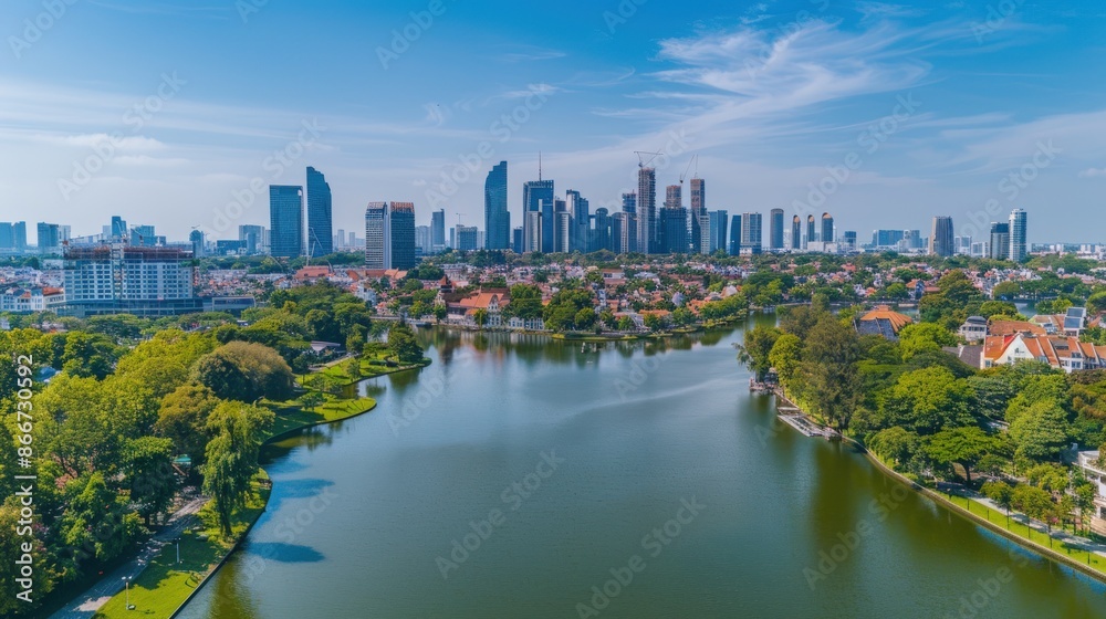 Fototapeta premium A city with a river running through it. Generate AI image