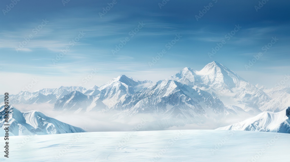 Obraz premium A mountain range is visible in the distance with a clear blue sky. The mountains are covered in snow, giving the scene a serene and peaceful atmosphere. The vast expanse of snow-covered land