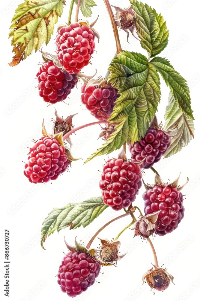 Fresh raspberries growing on a branch, ripe and ready to eat Fresh raspberries growing on a branch, ripe and ready to eat