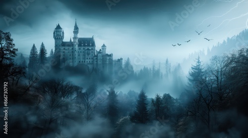 A castle is surrounded by trees and fog. The castle is old and has a spooky atmosphere