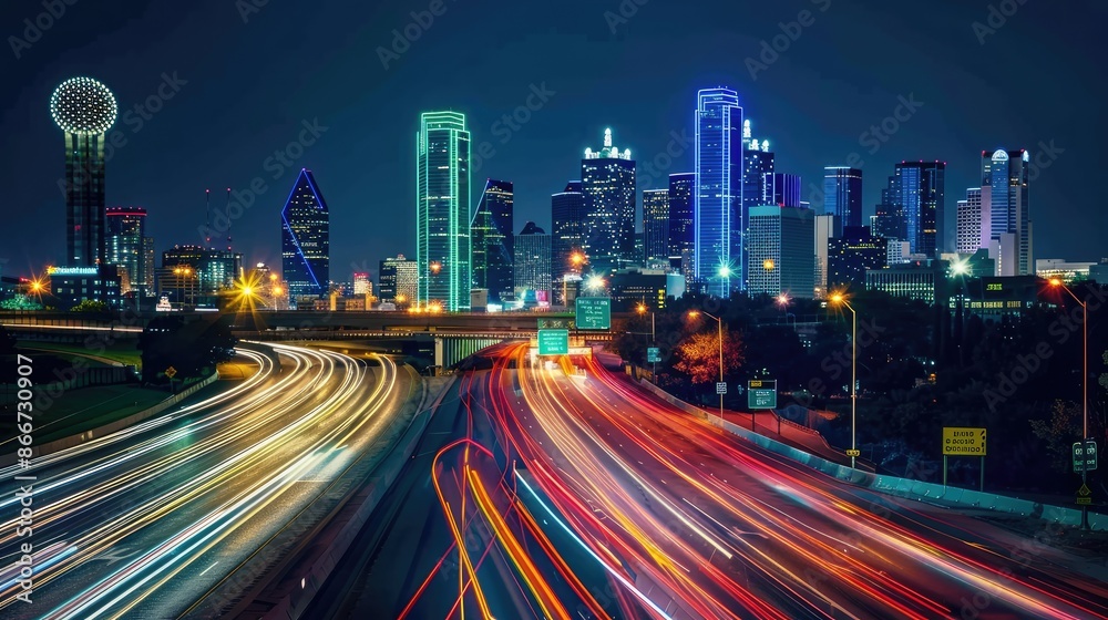 City nights: A bustling highway with glowing headlights and light trails from passing cars leads to a towering, illuminated city skyline, capturing urban energy City nights: A bustling highway with glowing headlights and light trails from passing cars leads to a towering, illuminated city skyline, capturing urban energy