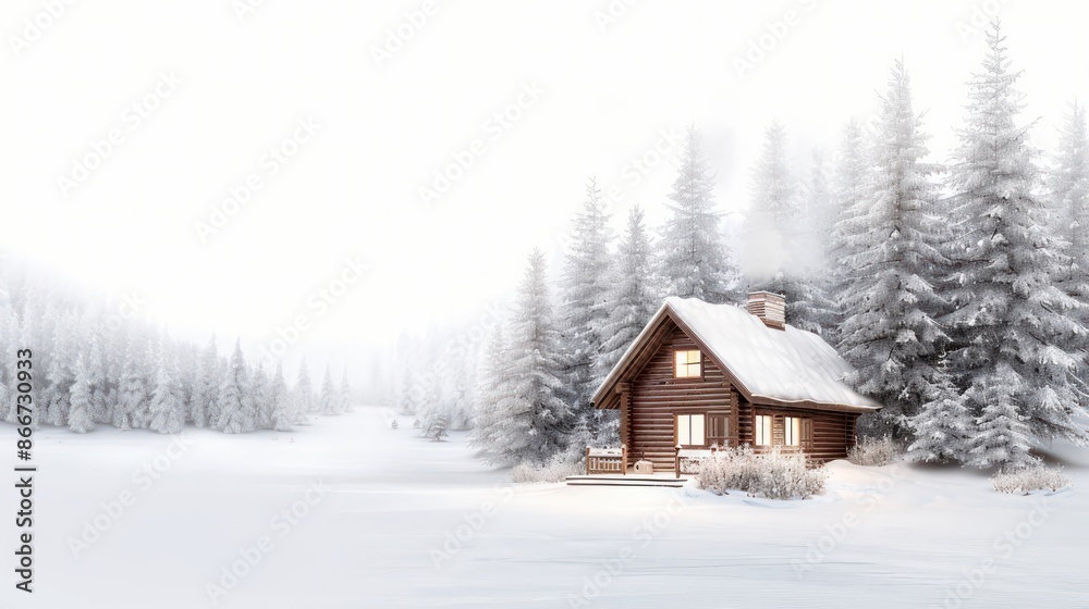 A cabin in the woods with a chimney and a window. The cabin is surrounded by trees and snow A cabin in the woods with a chimney and a window. The cabin is surrounded by trees and snow