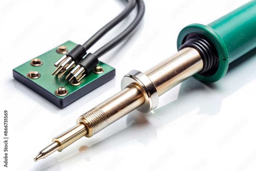 Soldering Iron and its Plugs on White Background - A soldering iron with a green handle and a metal tip rests on a white background, next to its wire plugs on a green board. Soldering Iron and its Plugs on White Background - A soldering iron with a green handle and a metal tip rests on a white background, next to its wire plugs on a green board.