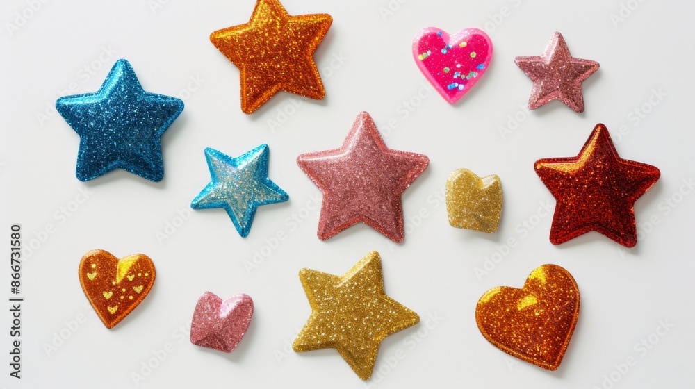 Shiny stickers in the shapes of stars and hearts arranged on a white background