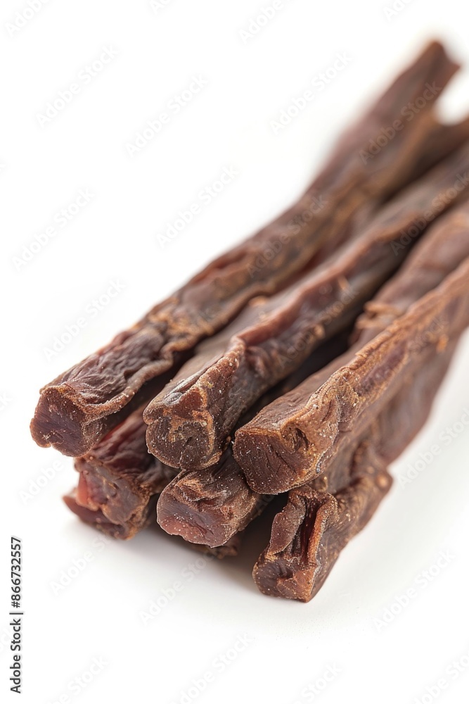 A pile of beef sticks on a white surface, suitable for food or product photography A pile of beef sticks on a white surface, suitable for food or product photography