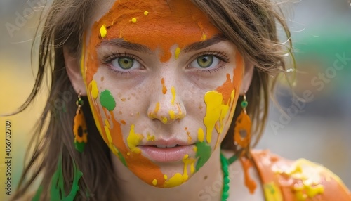 Young woman with colorful face paint and intense green eyes