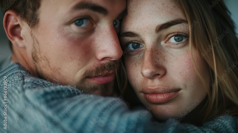 Portrait of a young scandinavian beautiful couple in love , with modern nordic caucasian man and young european scandinavian woman closeup view showing details of their face. Portrait of a young scandinavian beautiful couple in love , with modern nordic caucasian man and young european scandinavian woman closeup view showing details of their face.