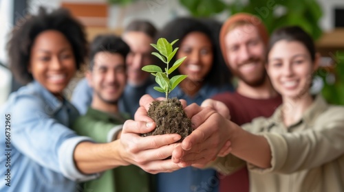 A group of people collectively hold a small plant smiling and showing teamwork © AlfaSmart