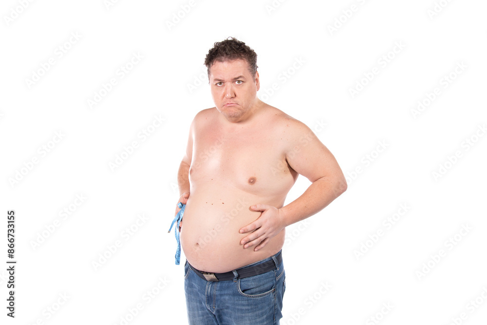 Fototapeta premium Funny fat man on a diet. Guy posing on a white background.
