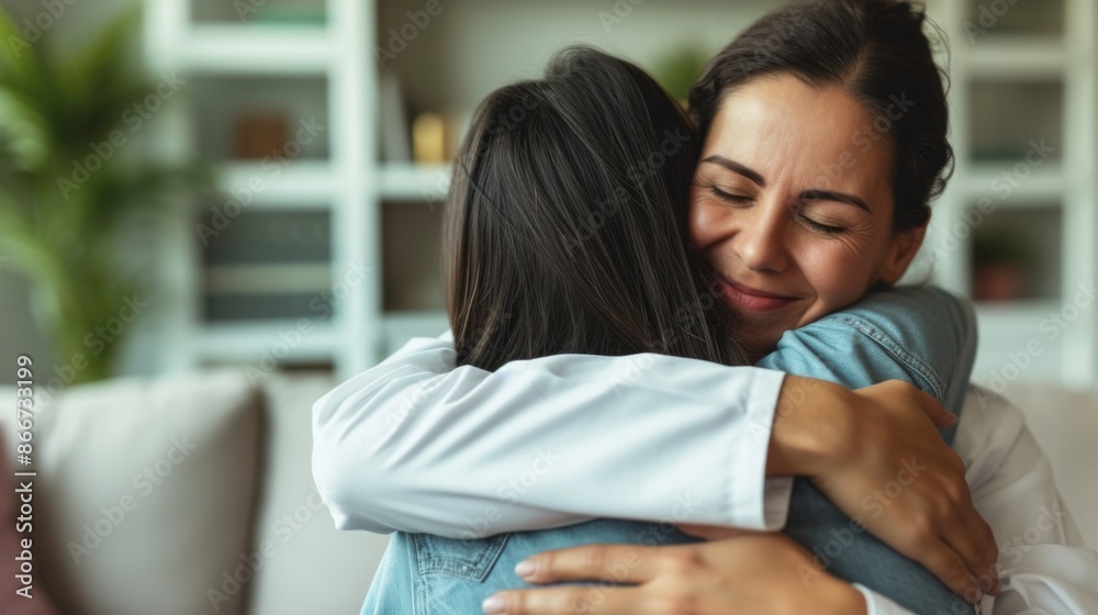 A doctor gives a comforting hug to a patient during a home visit showing empathy and support A doctor gives a comforting hug to a patient during a home visit showing empathy and support