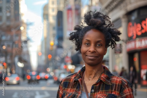 Portrait of a content afro-american woman in her 40s wearing a comfy flannel shirt over busy urban street