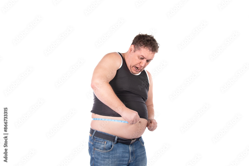 Funny fat man on a diet. Guy posing on a white background. Funny fat man on a diet. Guy posing on a white background.