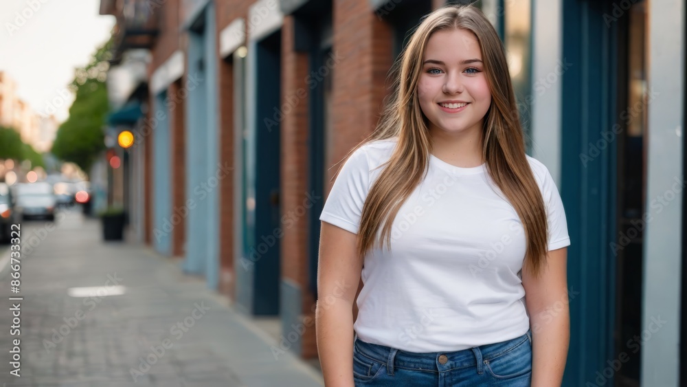 Plus size teenage girl wearing white t-shirt and blue jeans standing on the street Plus size teenage girl wearing white t-shirt and blue jeans standing on the street