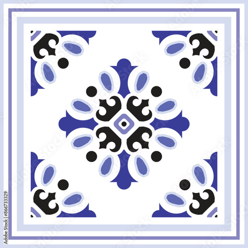 Tile pattern. Ceramic tiles. Vintage tiled. Seamless texture. Damask wallpaper. Decorative ornament. Blue background for design. Floor ornament. Pottery folk print. Abstract floral endless. Vector