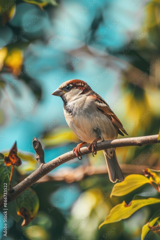 A small bird is perched on a branch of a tree, surrounded by leaves and maybe some berries or fruits A small bird is perched on a branch of a tree, surrounded by leaves and maybe some berries or fruits