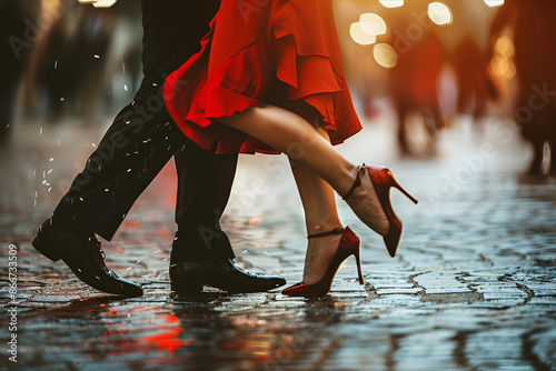 Dynamic steps of an Argentine tango in the evening light photo