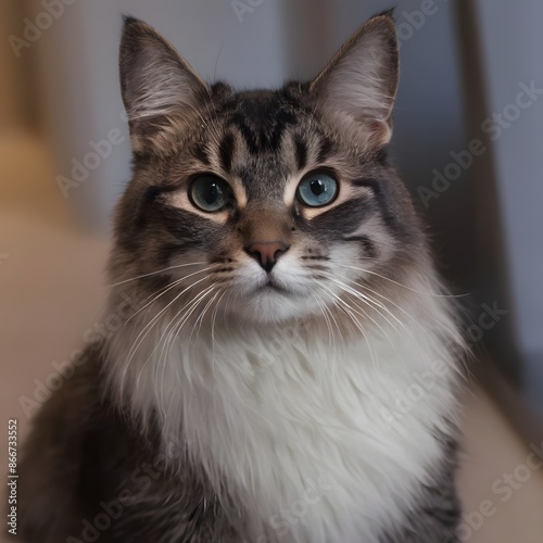 Close-up portrait of a fluffy cat with blue eyes looking forward