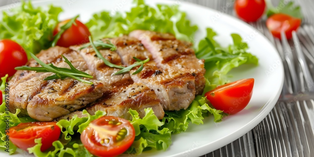 Paleo Diet Plate Meat, Tomatoes, and Lettuce. Concept Healthy Eating, Paleo Diet, Meat Dishes, Vegetable Recipes, Nutritious Meals Paleo Diet Plate Meat, Tomatoes, and Lettuce. Concept Healthy Eating, Paleo Diet, Meat Dishes, Vegetable Recipes, Nutritious Meals