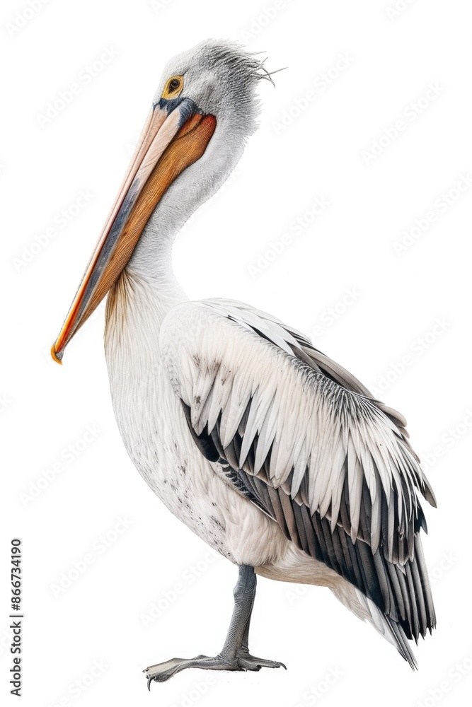 A pelican standing on a white surface, ready to take flight A pelican standing on a white surface, ready to take flight