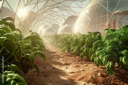 Lush green plants growing inside a greenhouse on a barren planet, offering hope for space colonization and sustainable living beyond earth photo