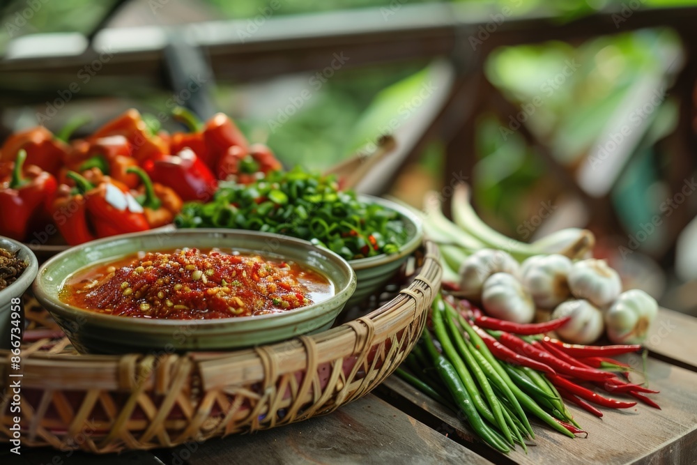 Fototapeta premium A rustic wooden table set with various bowls of food, perfect for a casual dining or outdoor gathering