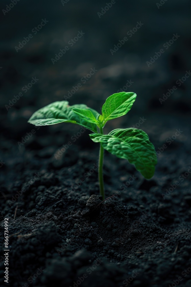 A tiny plant grows out of the ground, with its leaves and stem visible A tiny plant grows out of the ground, with its leaves and stem visible