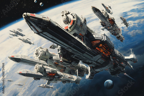 Fototapeta Naklejka Na Ścianę i Meble -  Giant futuristic space station is orbiting a planet with many smaller spacecrafts docked