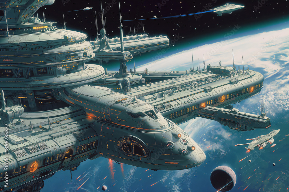 Futuristic space station is orbiting a planet with many spaceships docked and flying around