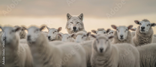 A wolf disguised among a flock of sheep, symbolizing deception, blending in with the crowd, and the concept of a hidden threat.