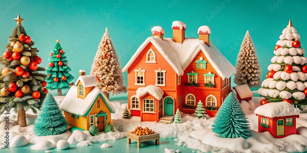 Christmas miniature red house with Christmas trees in the snow, figurine generated by AI on a blue background