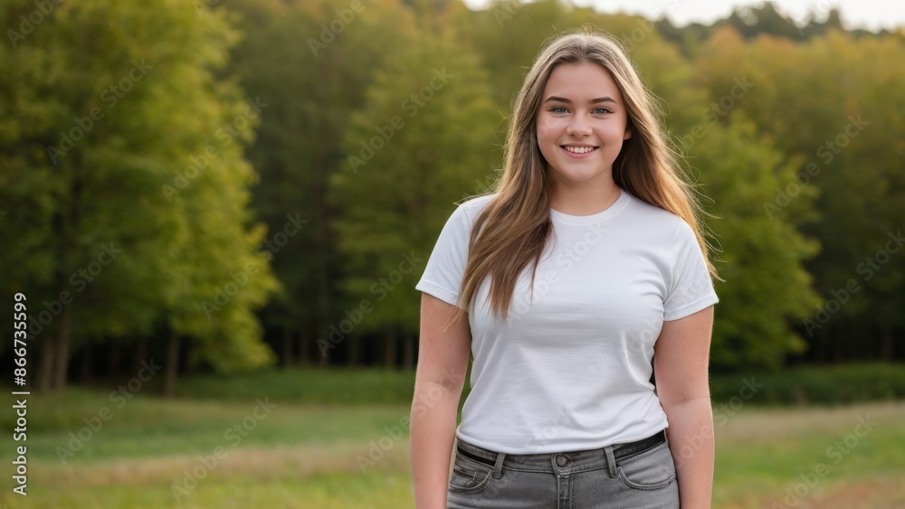 Plus size teenage girl wearing white t-shirt and grey jeans standing in nature Plus size teenage girl wearing white t-shirt and grey jeans standing in nature