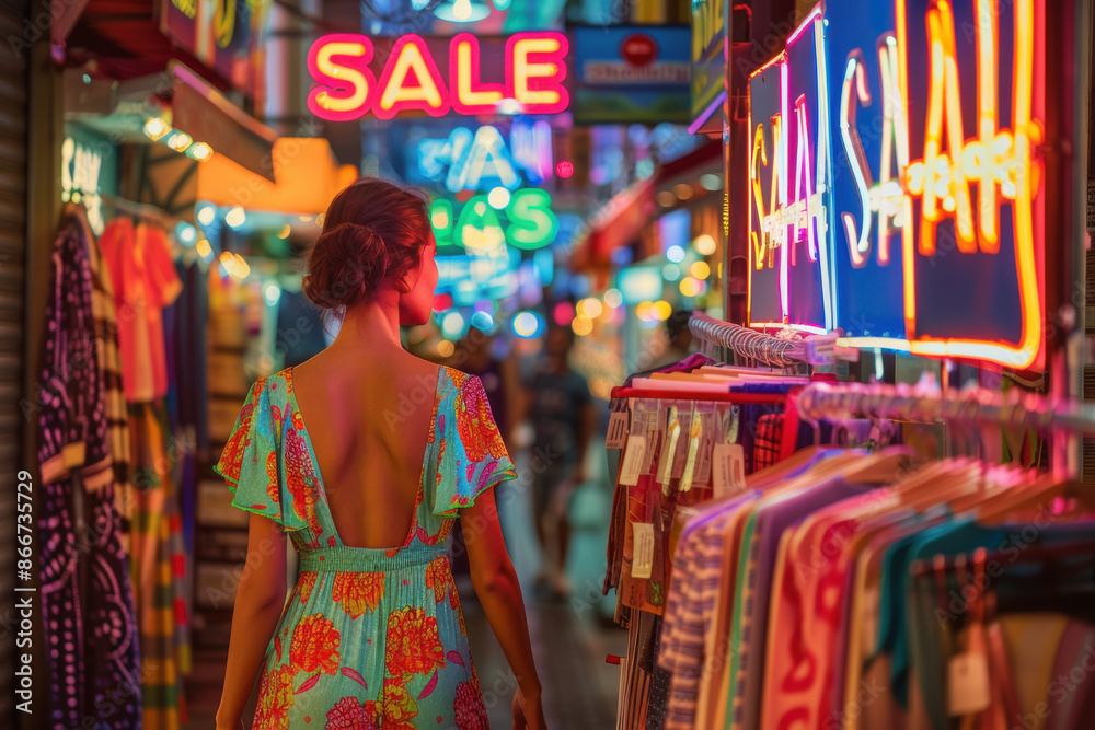 Woman shopping in a vibrant night market with SALE signs, neon lights, and colorful dresses. Nightlife shopping scene with urban atmosphere. Woman shopping in a vibrant night market with SALE signs, neon lights, and colorful dresses. Nightlife shopping scene with urban atmosphere.